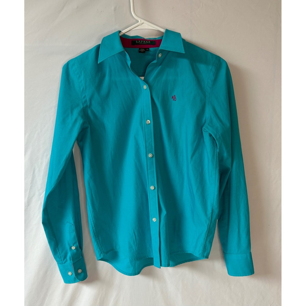 Lauren Ralph Lauren Petite Turquoise Blue Cotton Button Up Shirt P/P Embroidered